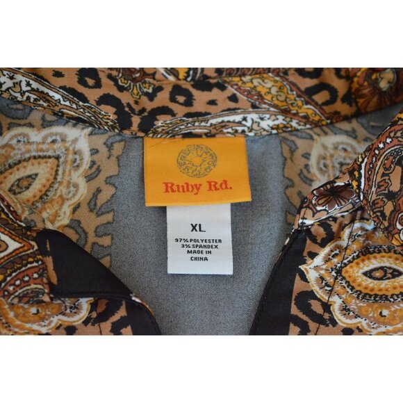 Ruby Rd Roll Tab Sleeve Cheetah Paisley Button Down Blouse Women's XL - Picture 2 of 5